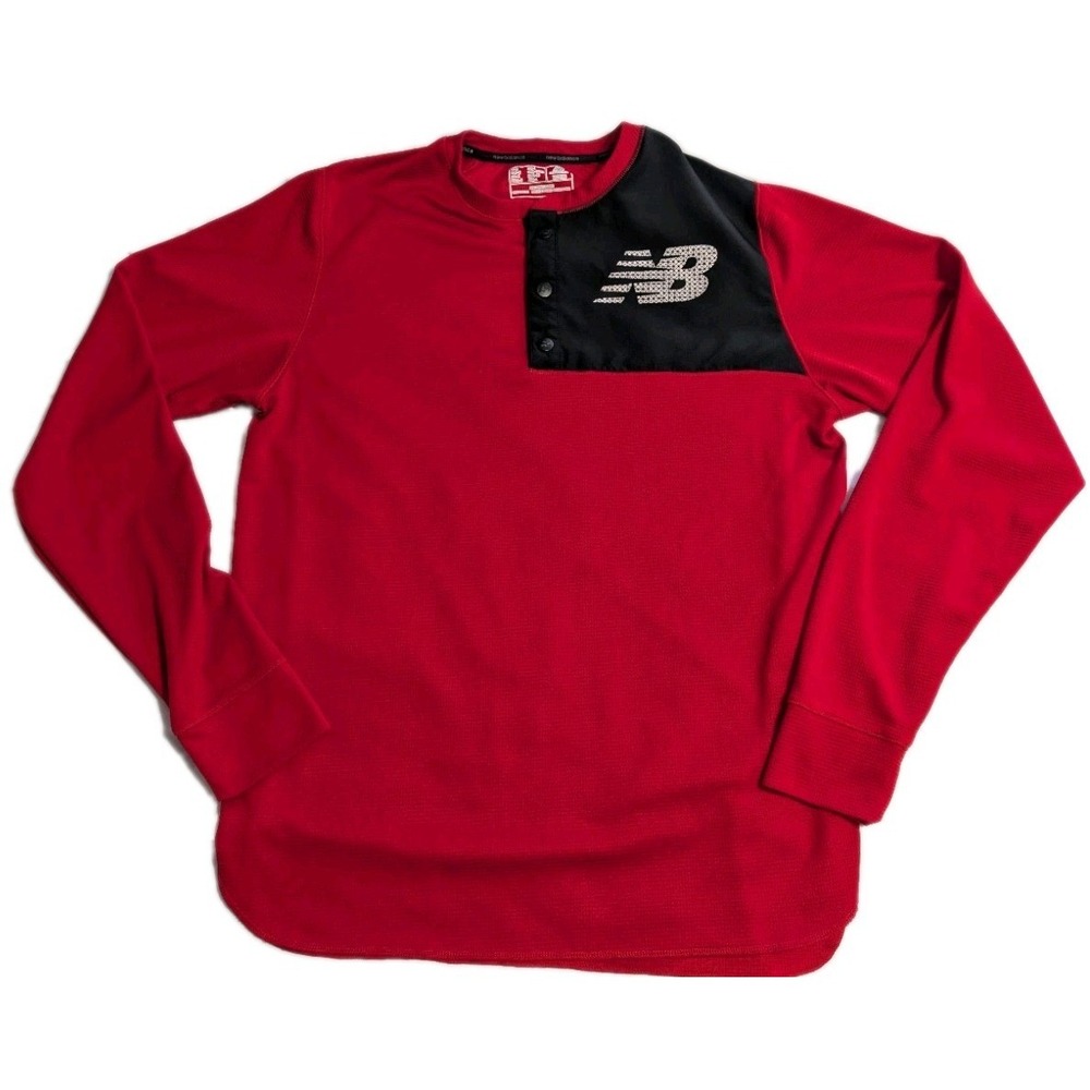 New Balance NB Dry Mens Medium Long Sleeve Henley Red Black Athletic Performance